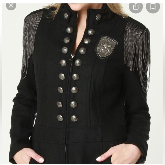 RARE ED HARDY WOOL BLEND MILITARY STEAMPUNK COAT NAVY XS EUC CHAIN EPAULETS - Picture 2 of 15